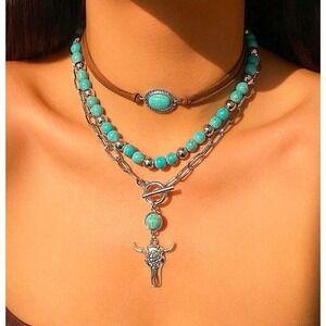 Womens Layered Turquoise Bead Silver Bull Skull Pendant Necklace Set 3pc Boho